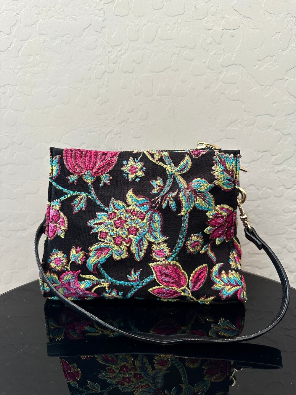 BETSEY JOHNSON Black Floral Tapestry Small Purse Crossbody Shoulder Bag